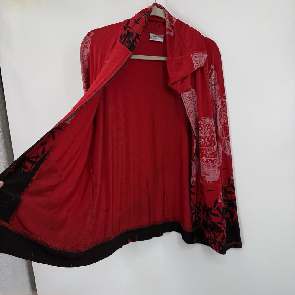 Chicos Travelers Jacket 3 XL Red Black Lantern Print Zip Hooded Art Top - Picture 10 of 11